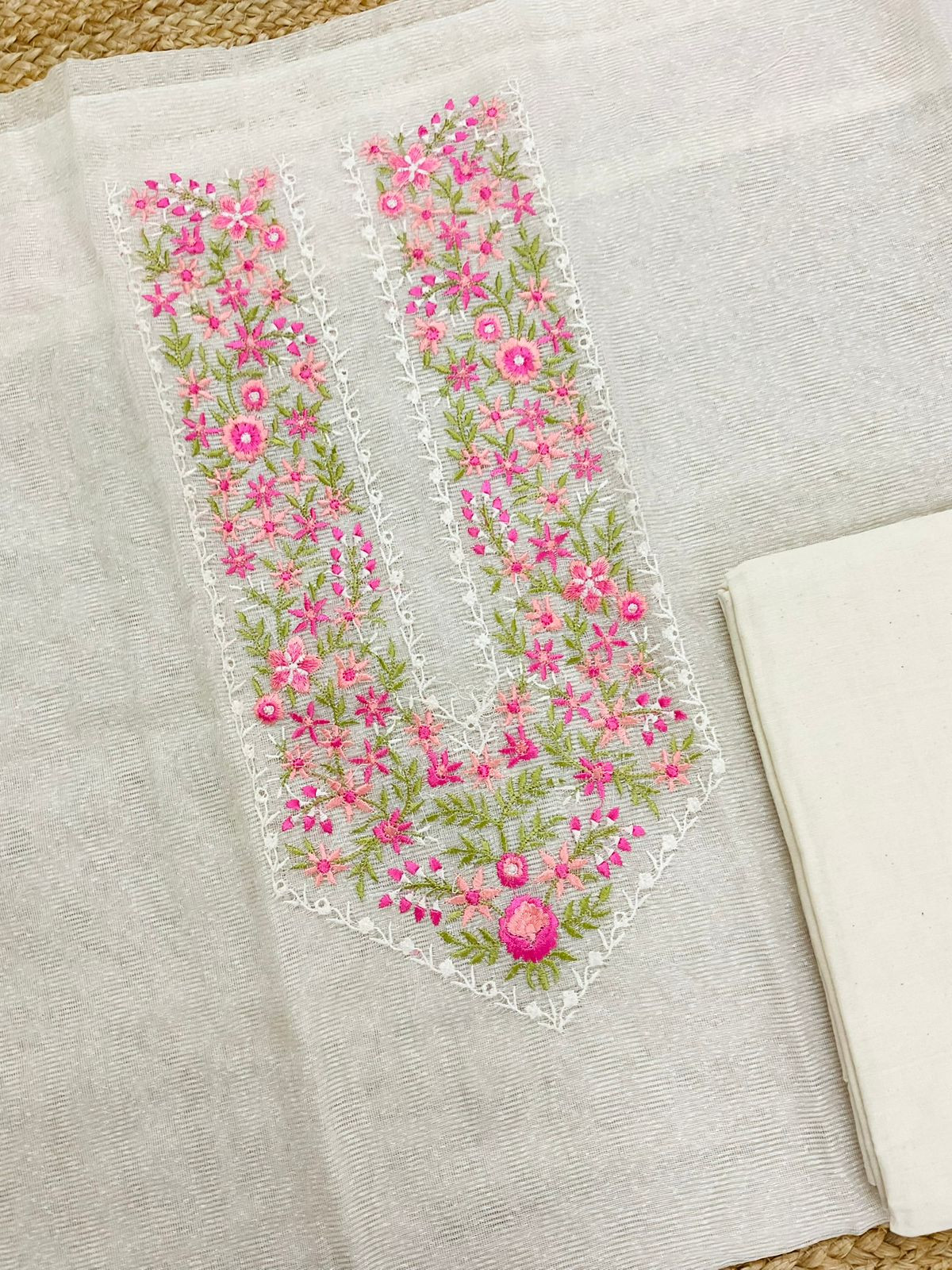 Soft Noil Jute Silk Embroidered Suit - Off White