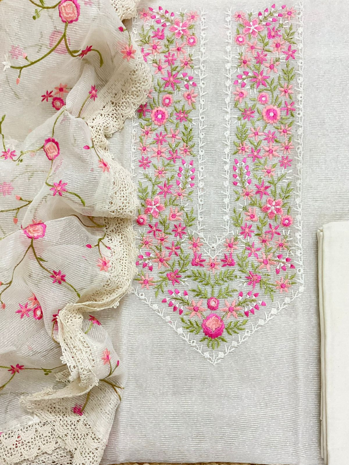 Soft Noil Jute Silk Embroidered Suit - Off White