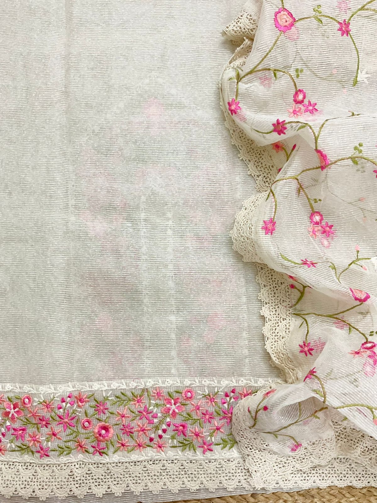 Soft Noil Jute Silk Embroidered Suit - Off White