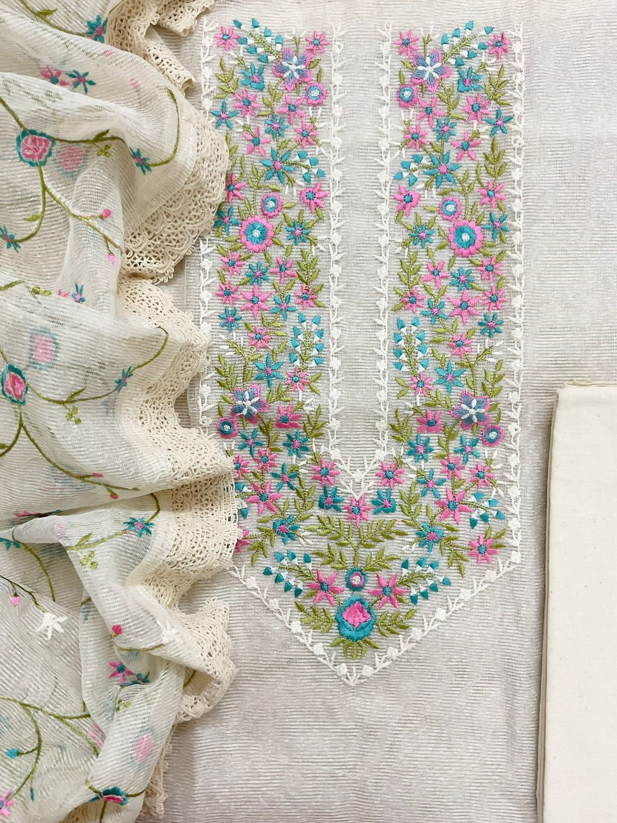 Soft Noil Jute Silk Embroidered Suit - Off White