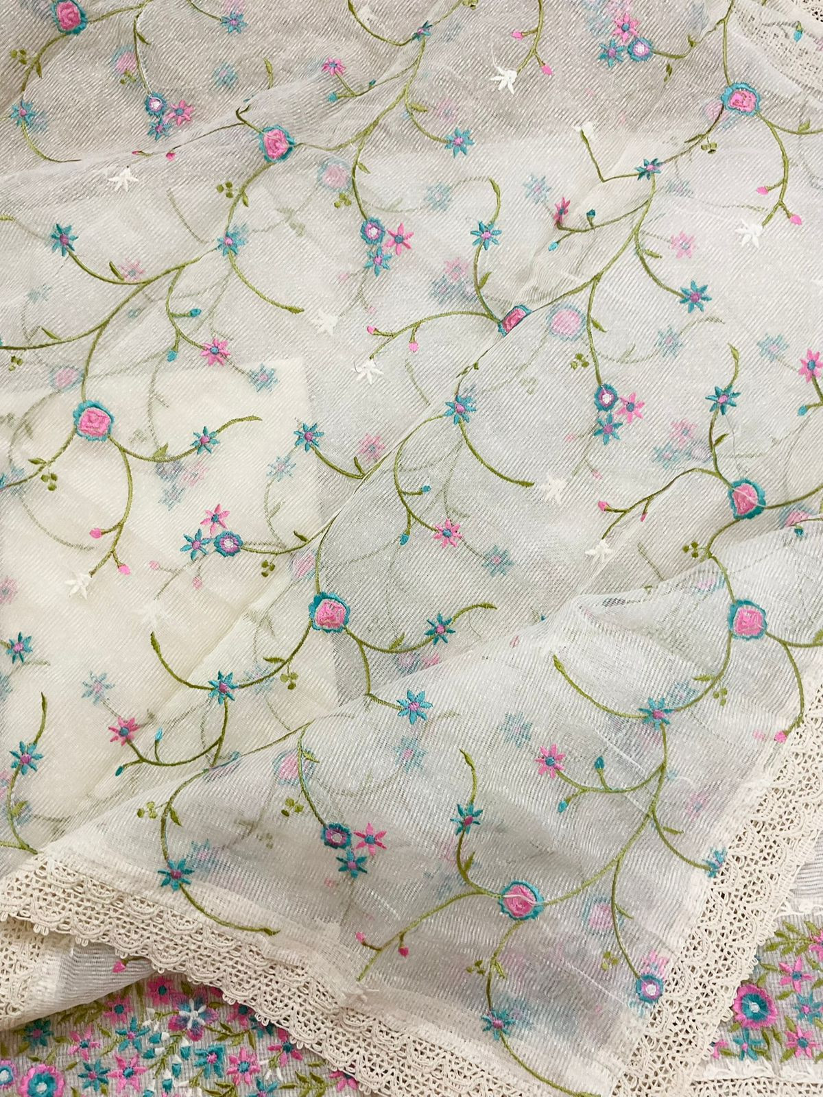 Soft Noil Jute Silk Embroidered Suit - Off White