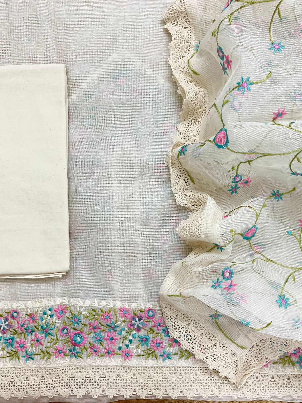 Soft Noil Jute Silk Embroidered Suit - Off White