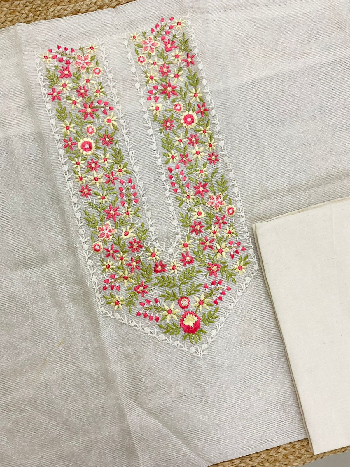 Soft Noil Jute Silk Embroidered Suit - Off White