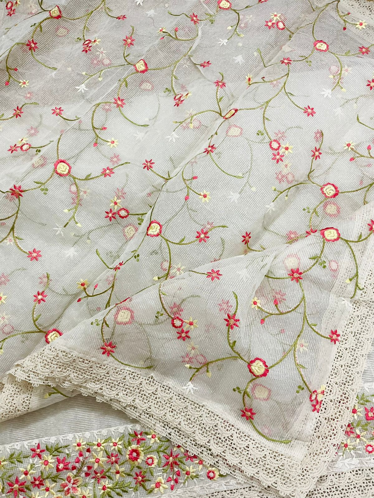 Soft Noil Jute Silk Embroidered Suit - Off White