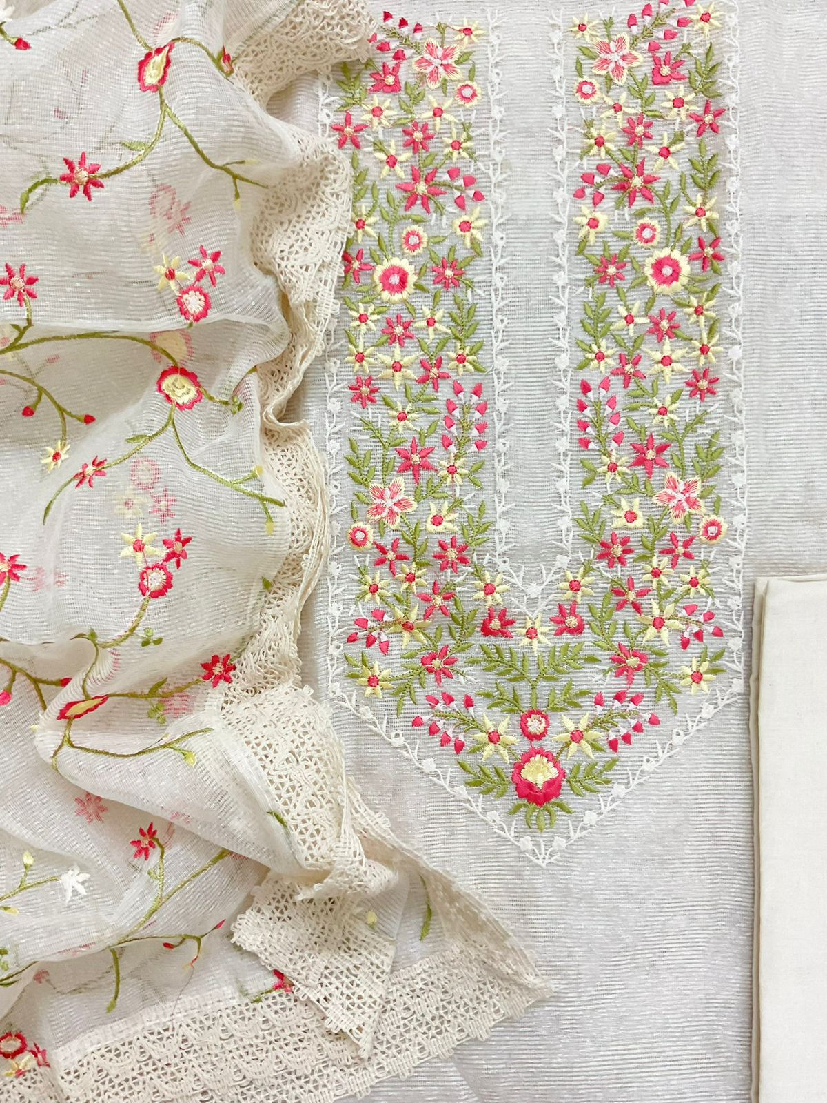 Soft Noil Jute Silk Embroidered Suit - Off White