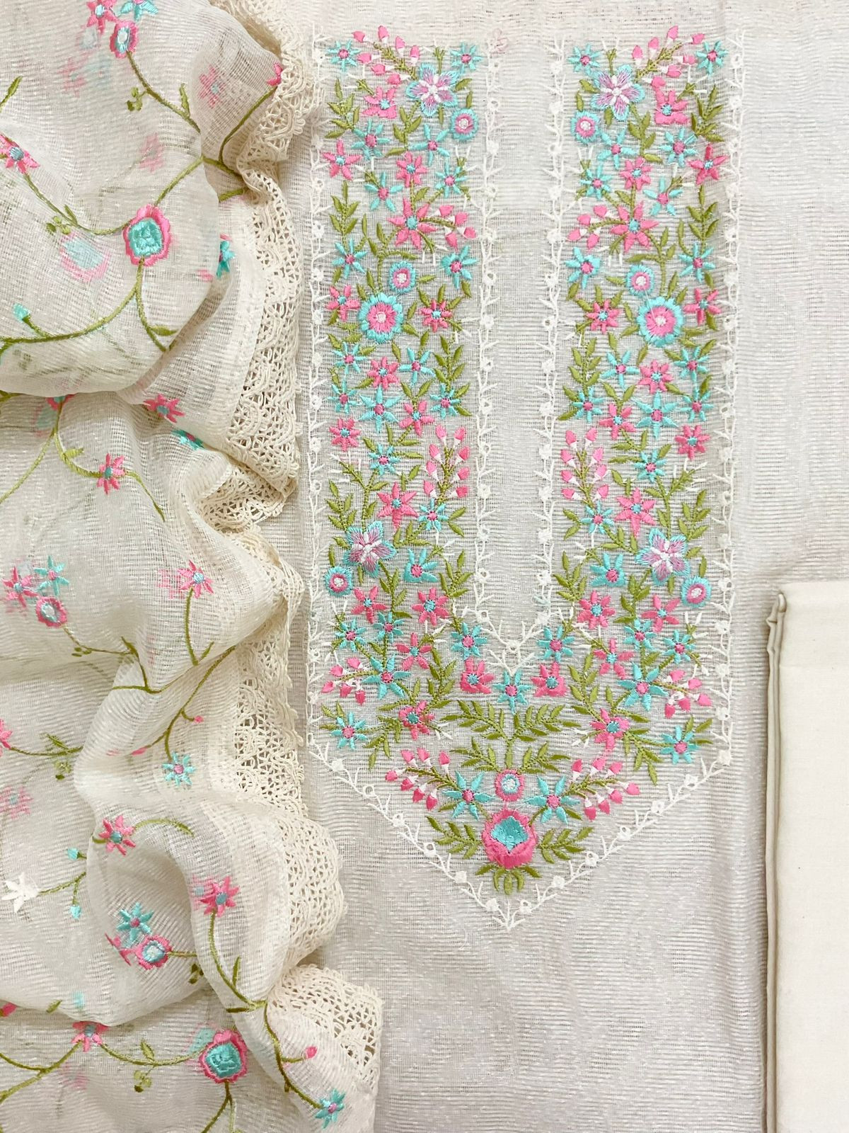 Soft Noil Jute Silk Embroidered Suit - Off White