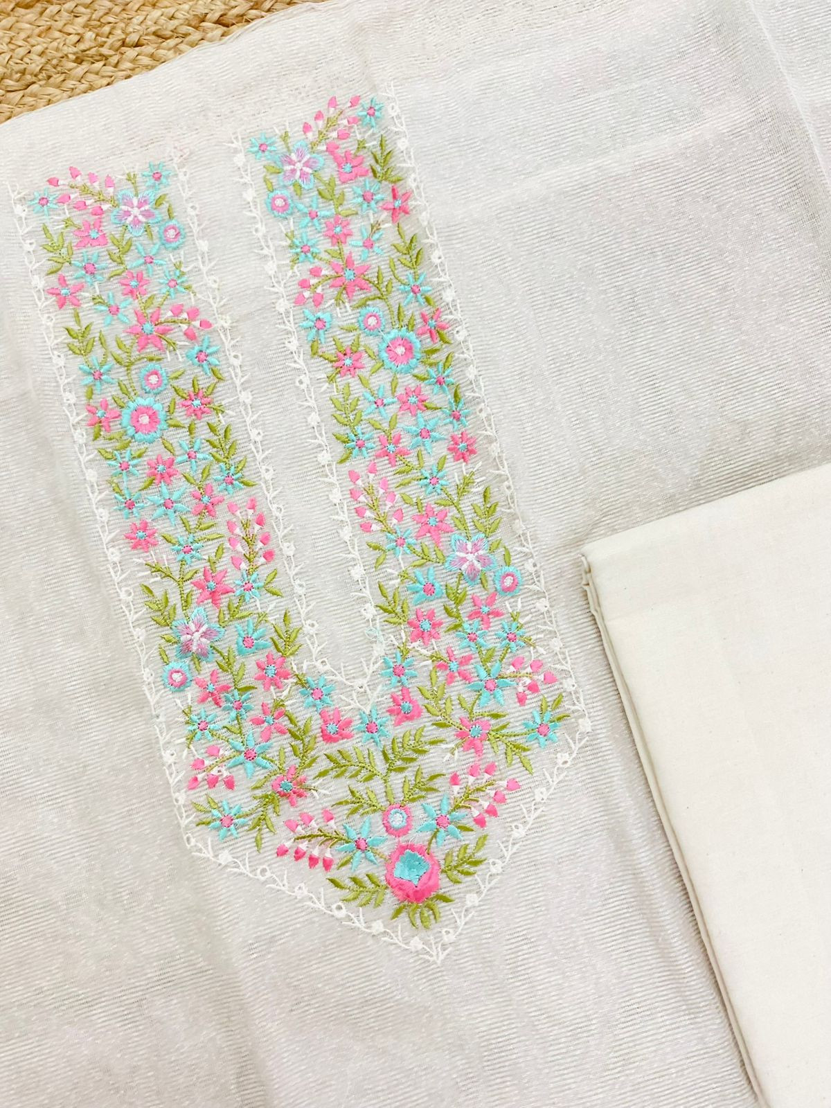 Soft Noil Jute Silk Embroidered Suit - Off White