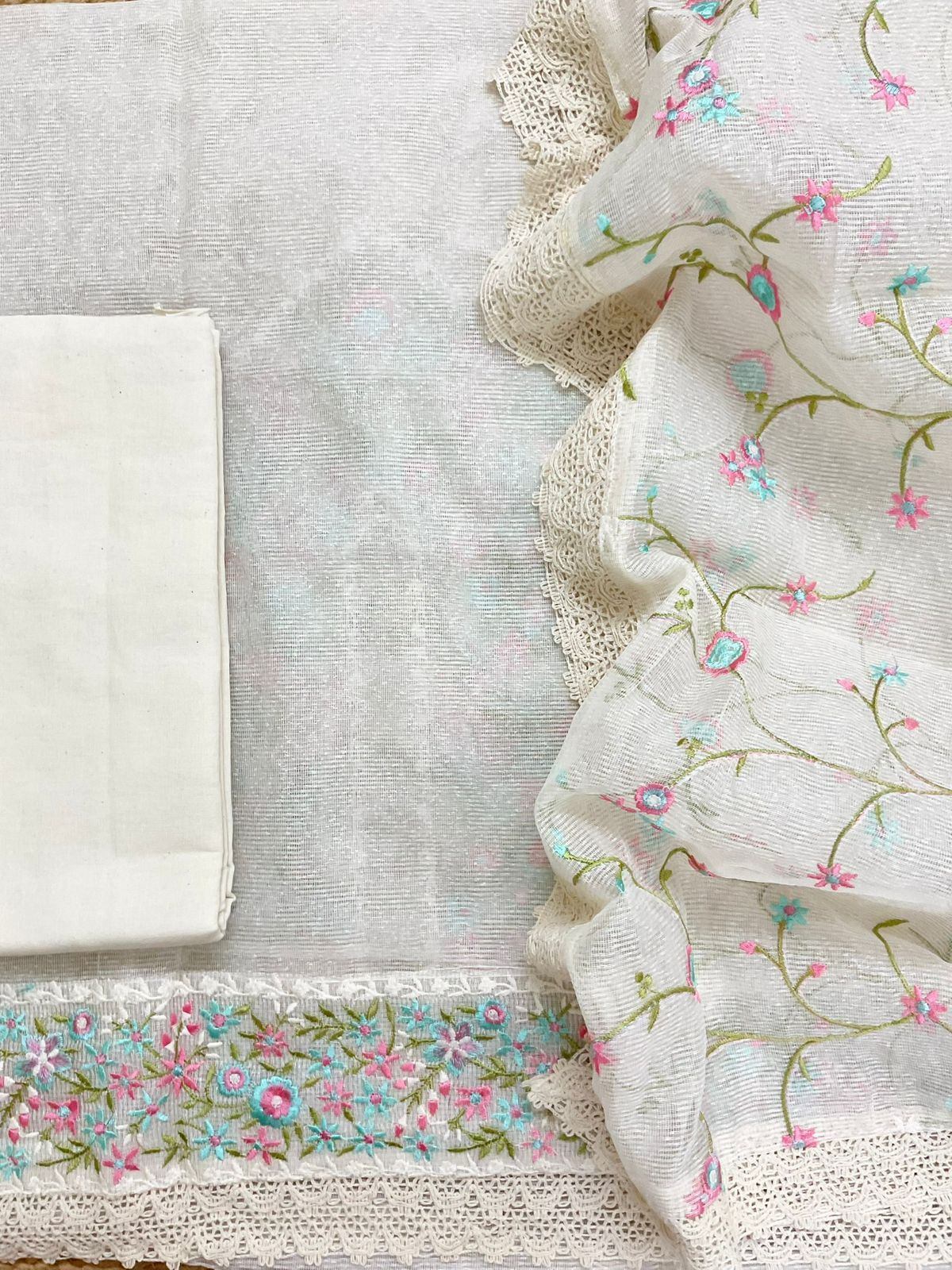 Soft Noil Jute Silk Embroidered Suit - Off White