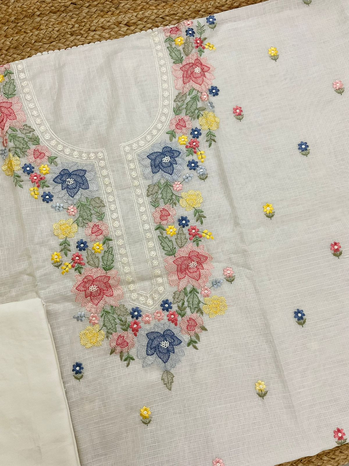 Pure Kota Silk Embroidered Suit - Offwhite