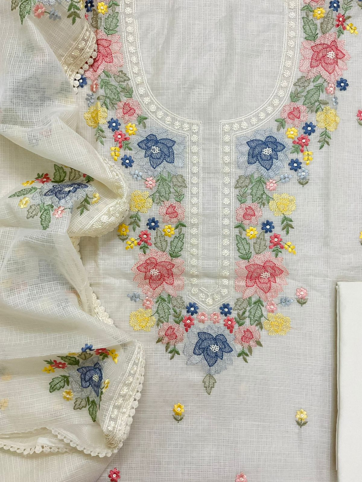 Pure Kota Silk Embroidered Suit - Offwhite