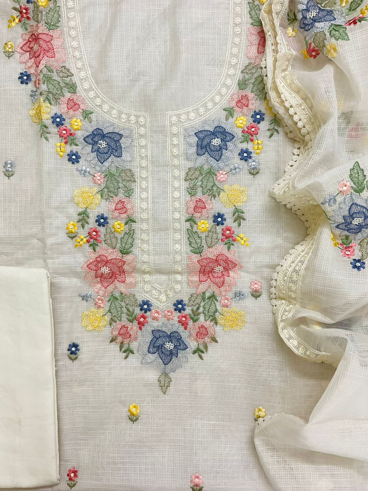 Pure Kota Silk Embroidered Suit - Offwhite