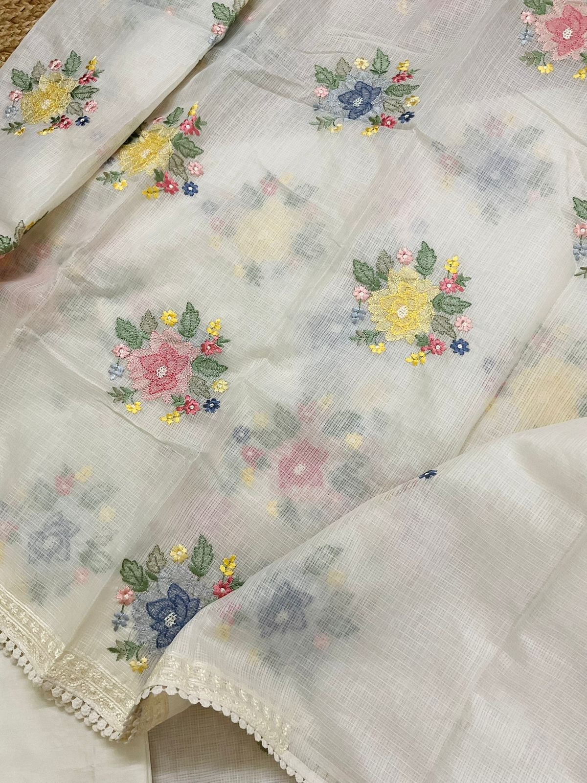 Pure Kota Silk Embroidered Suit - Offwhite