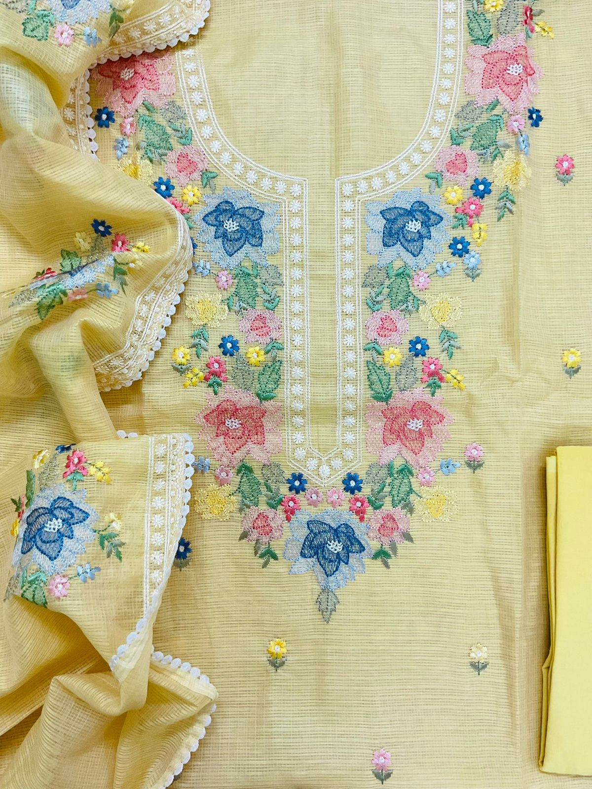Pure Kota Silk Embroidered Suit - Yellow