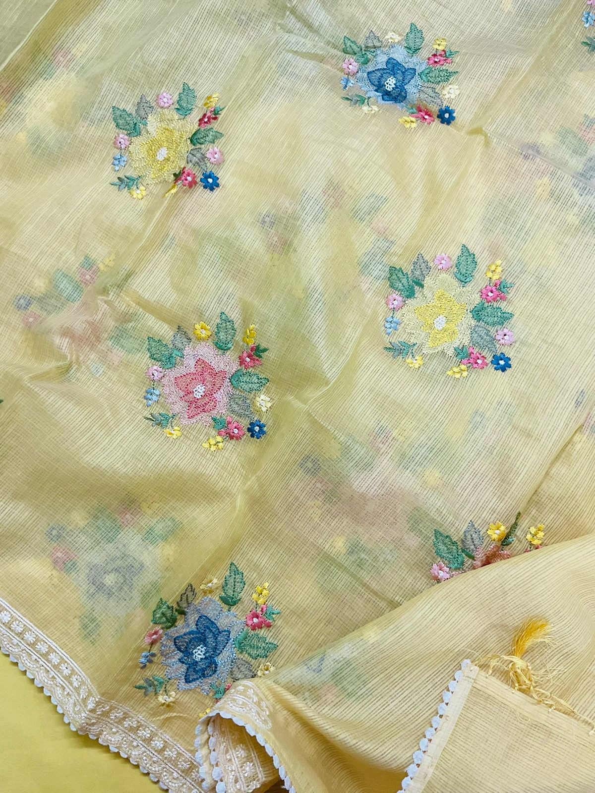 Pure Kota Silk Embroidered Suit - Yellow