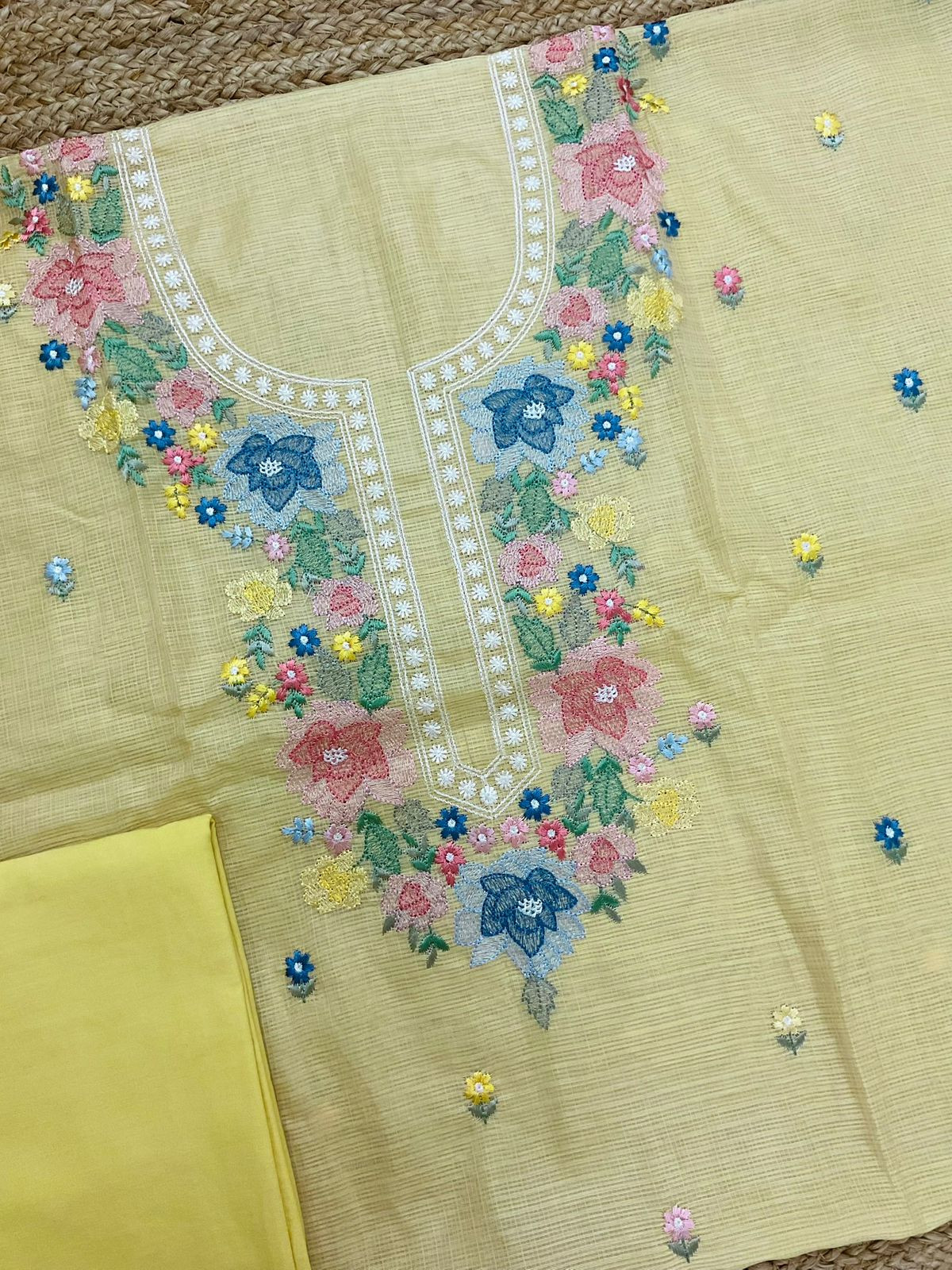 Pure Kota Silk Embroidered Suit - Yellow