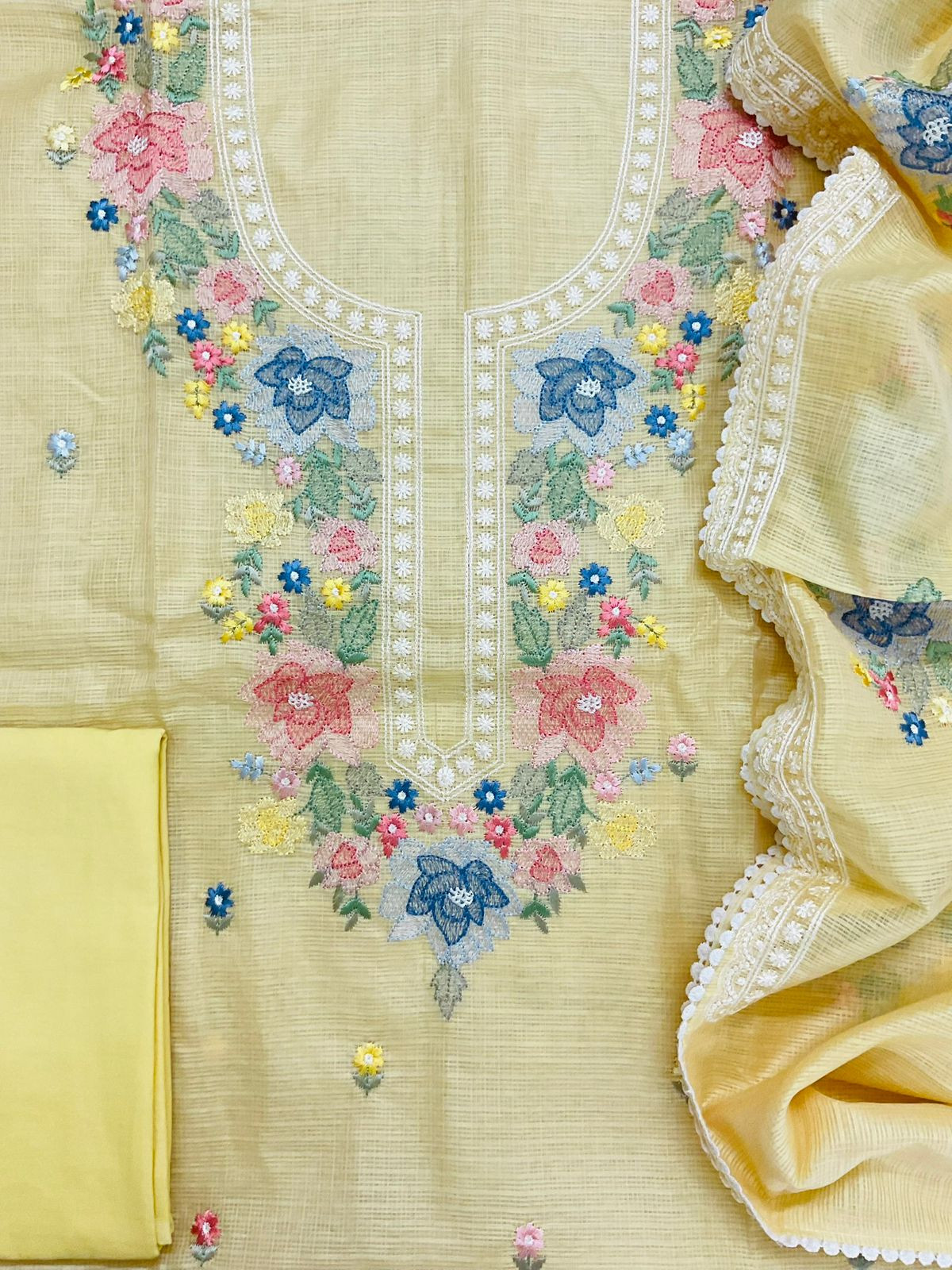 Pure Kota Silk Embroidered Suit - Yellow