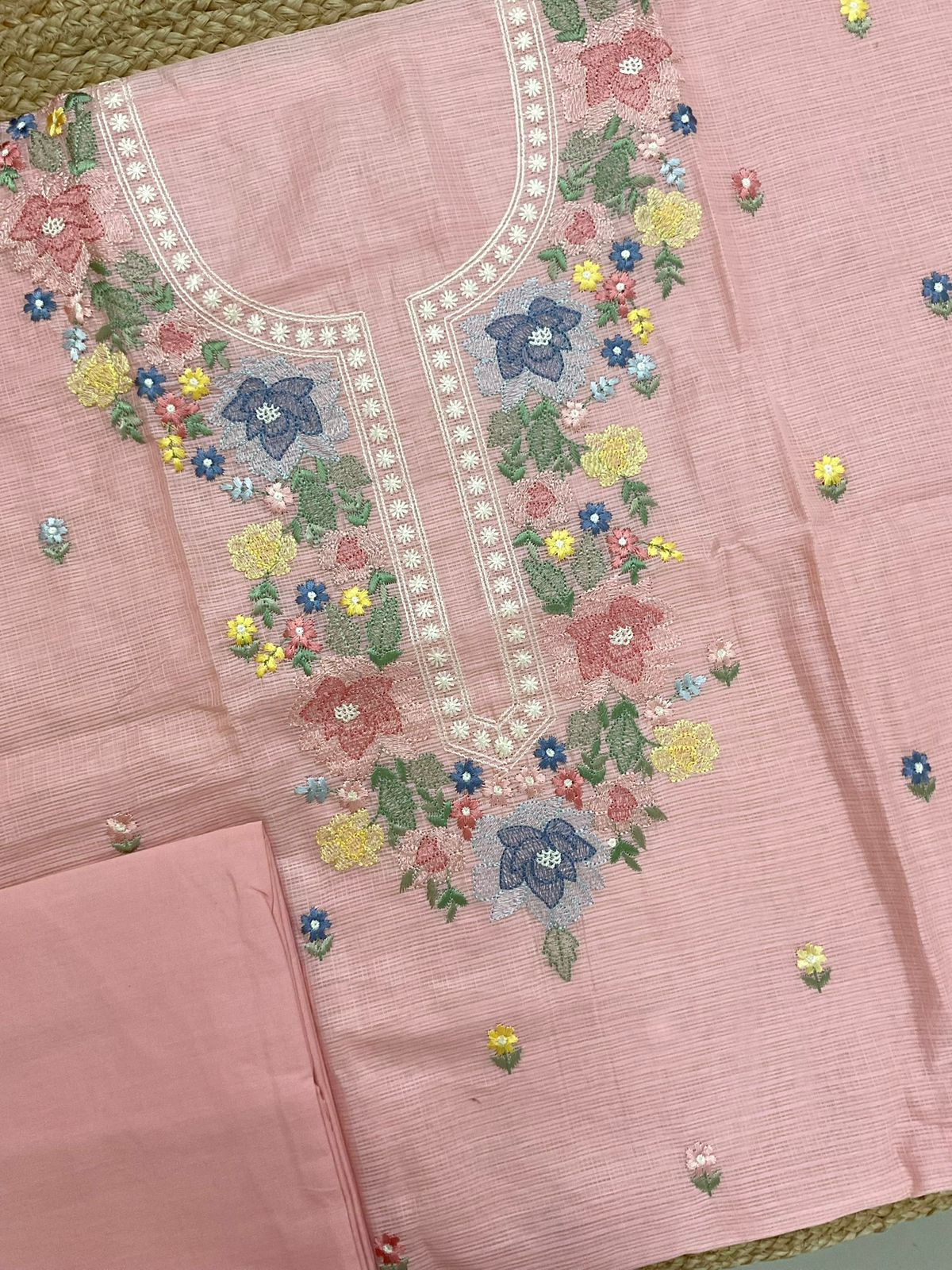Pure Kota Silk Embroidered Suit - Pink