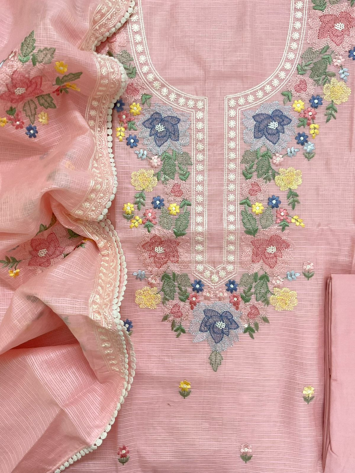 Pure Kota Silk Embroidered Suit - Pink