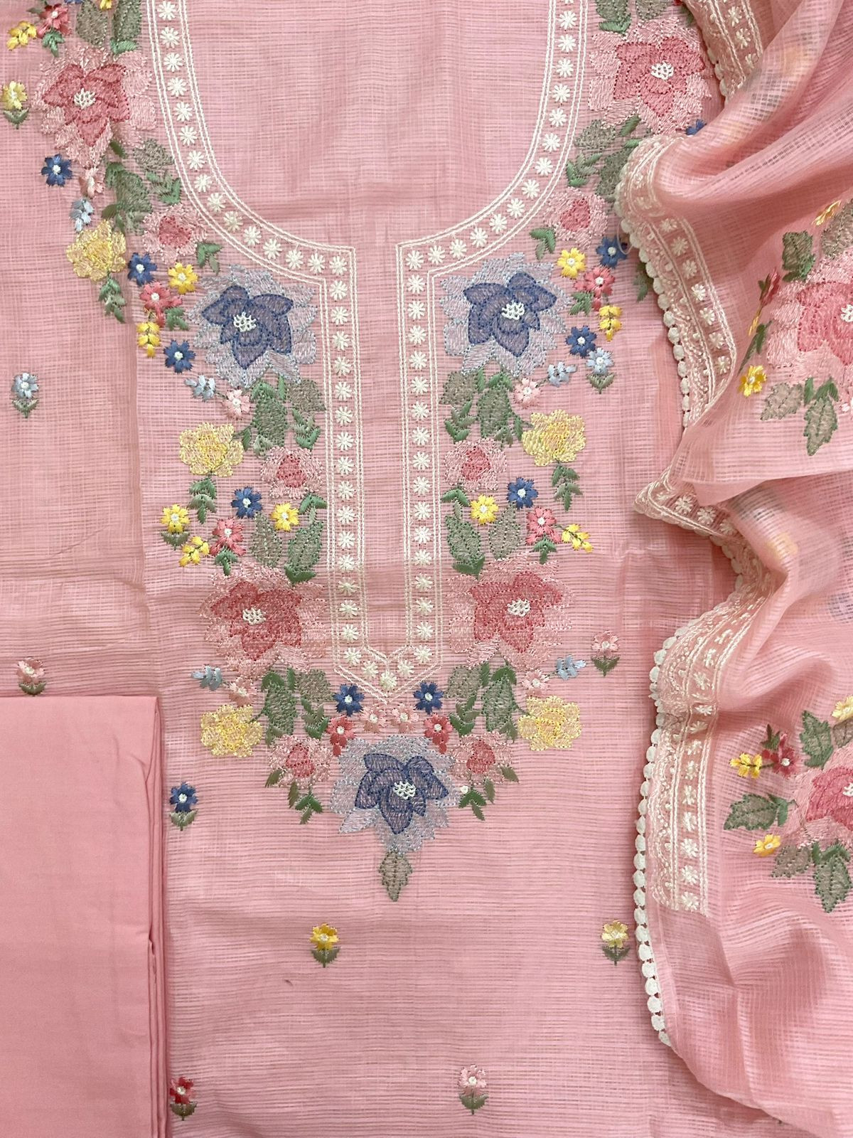 Pure Kota Silk Embroidered Suit - Pink