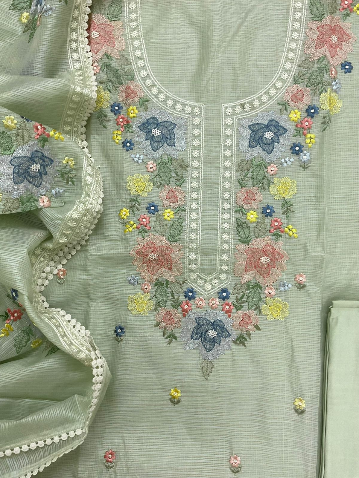Pure Kota Silk Embroidered Suit - Green