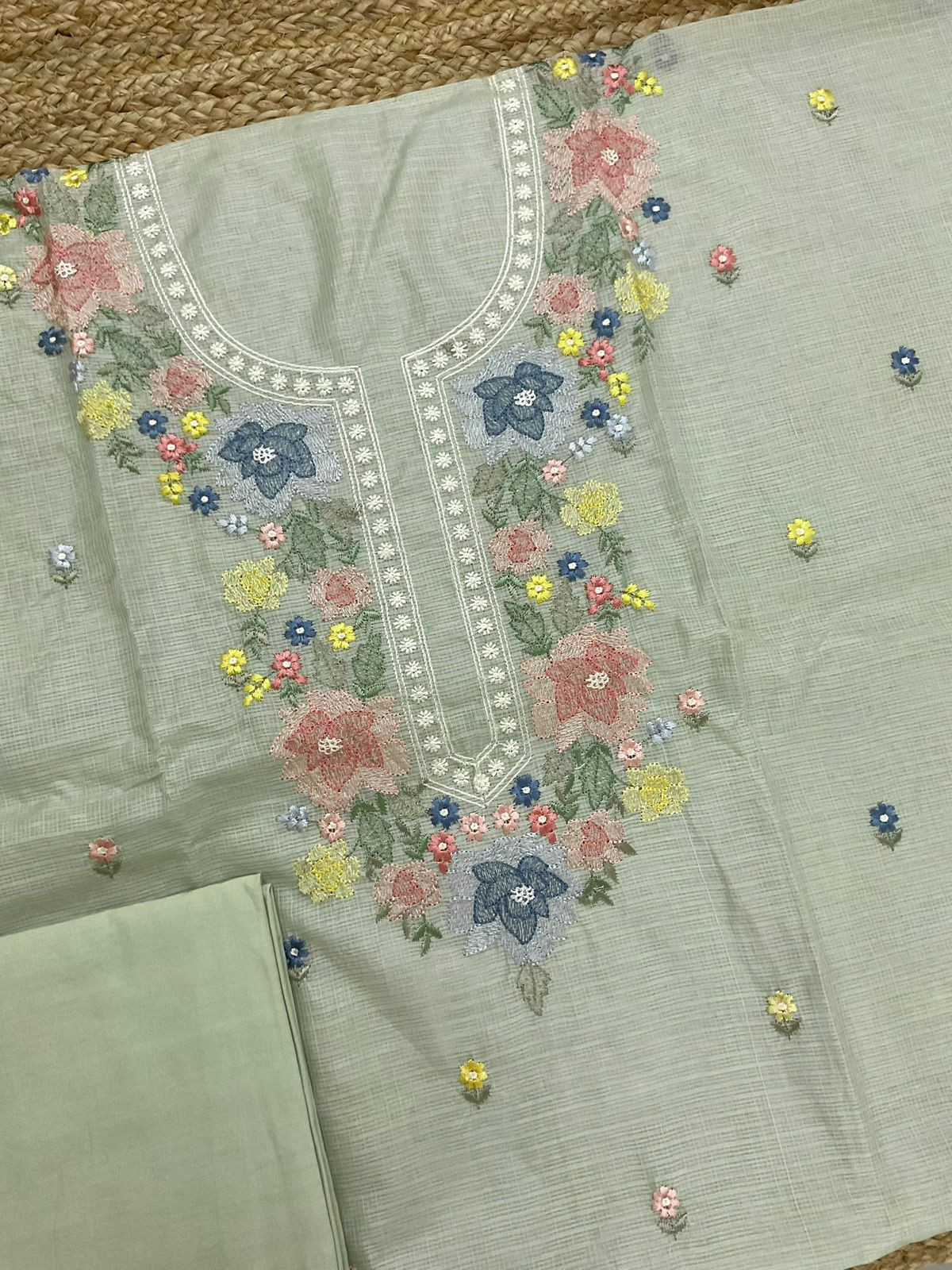 Pure Kota Silk Embroidered Suit - Green