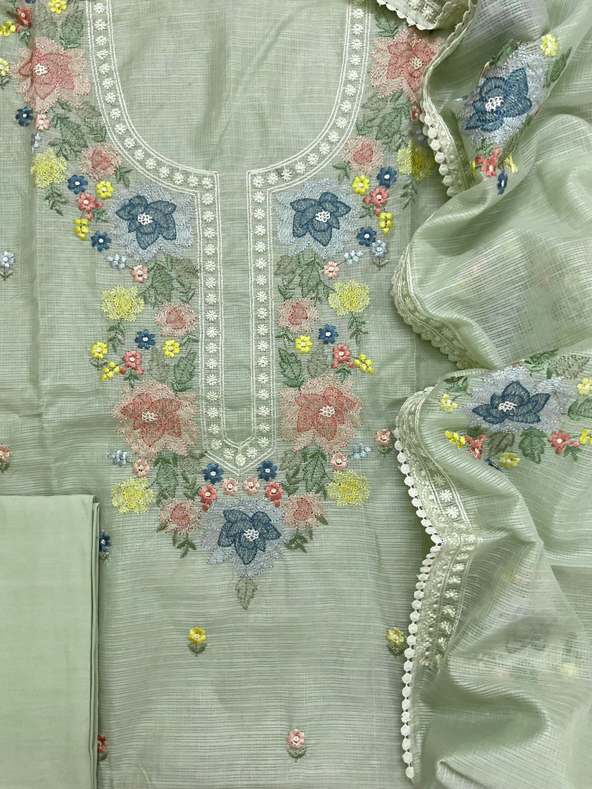 Pure Kota Silk Embroidered Suit - Green