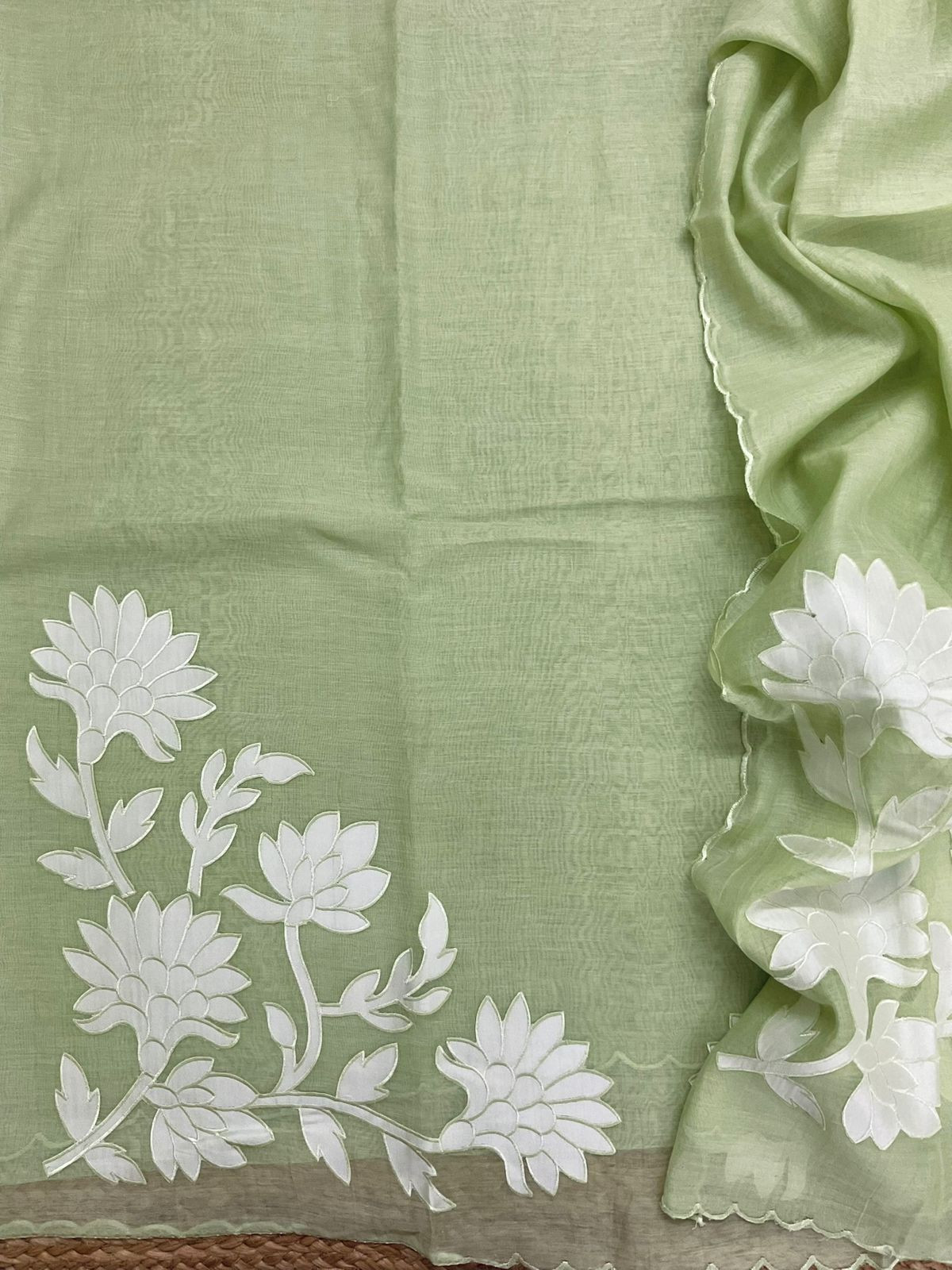 Pure Mul Chanderi Embroidered Suit - Green