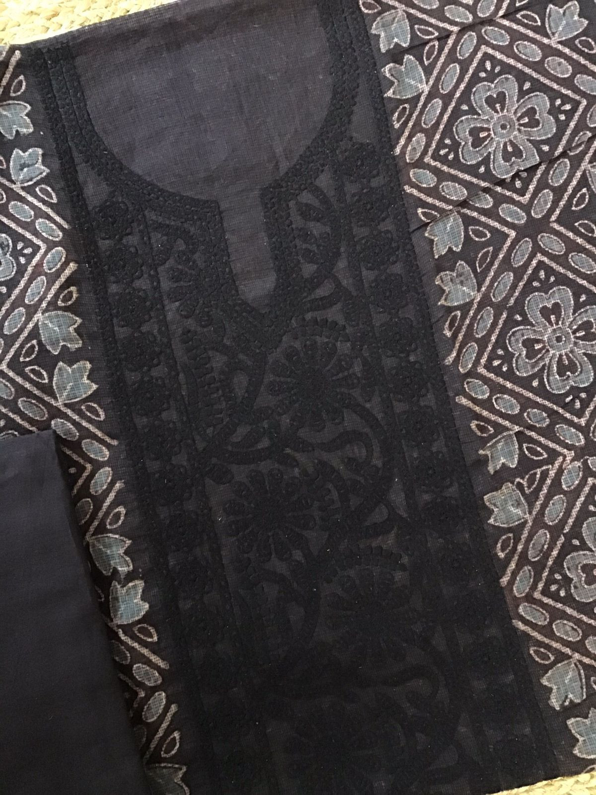 Pure Kota Cotton Ajrakh Printed Embroidered Suit - Black