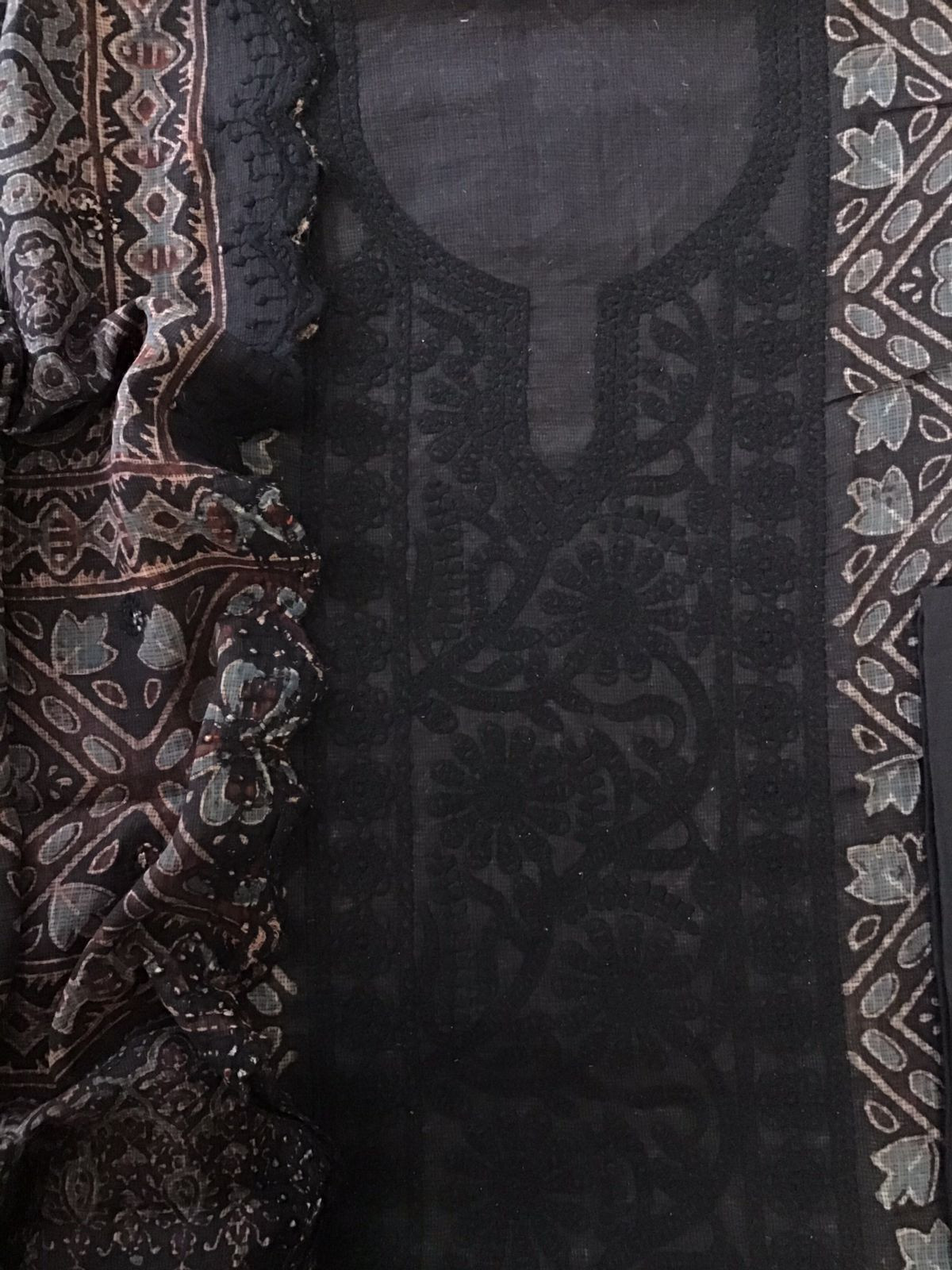 Pure Kota Cotton Ajrakh Printed Embroidered Suit - Black