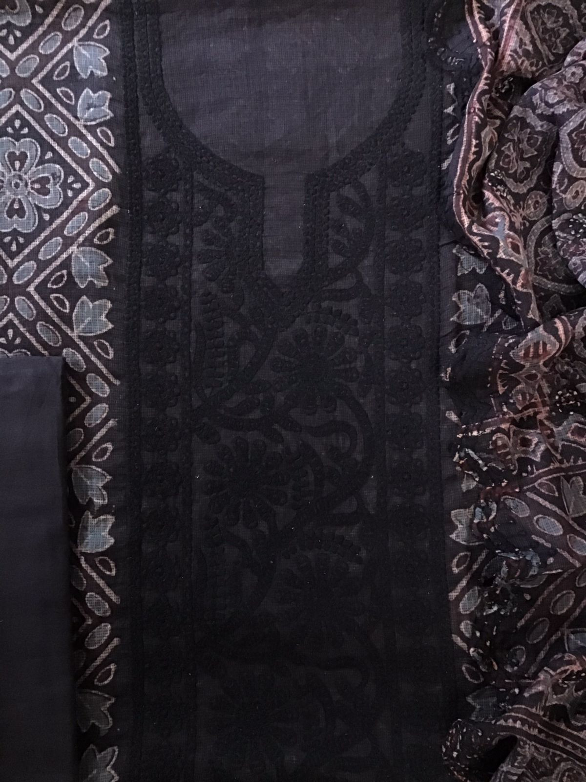 Pure Kota Cotton Ajrakh Printed Embroidered Suit - Black