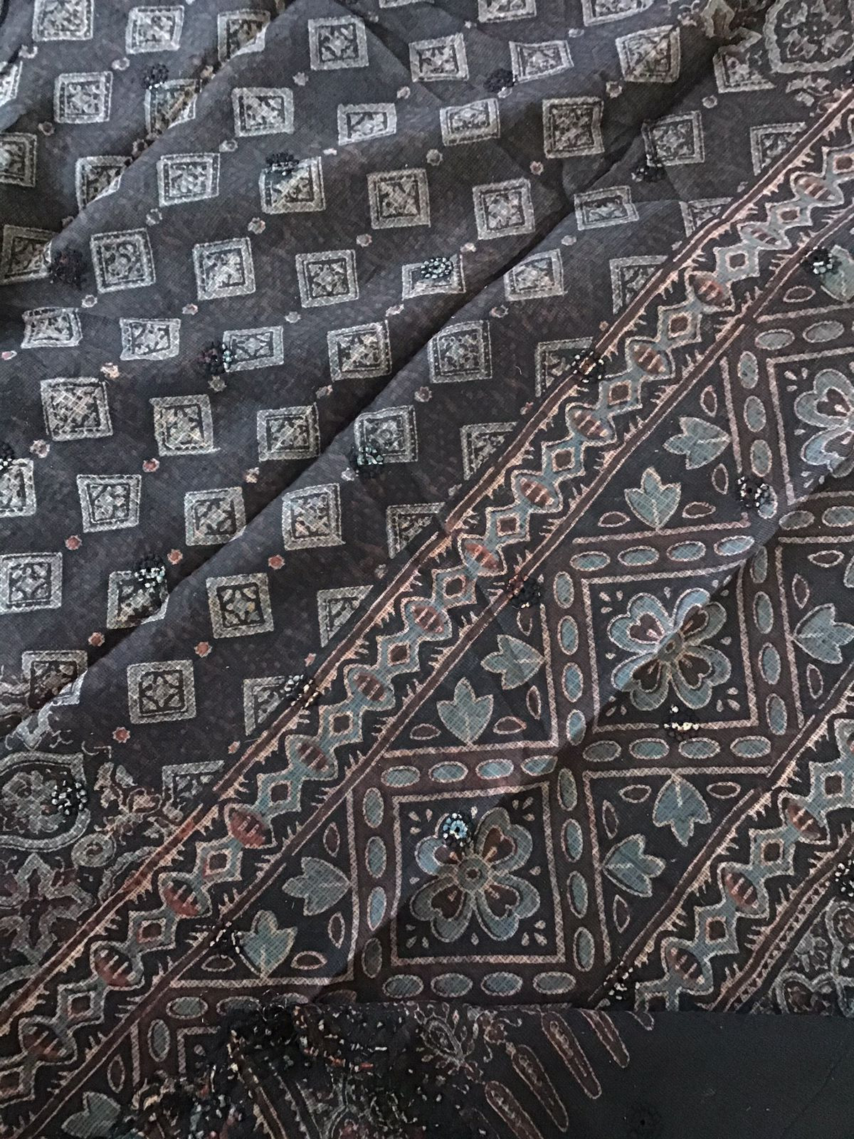 Pure Kota Cotton Ajrakh Printed Embroidered Suit - Black