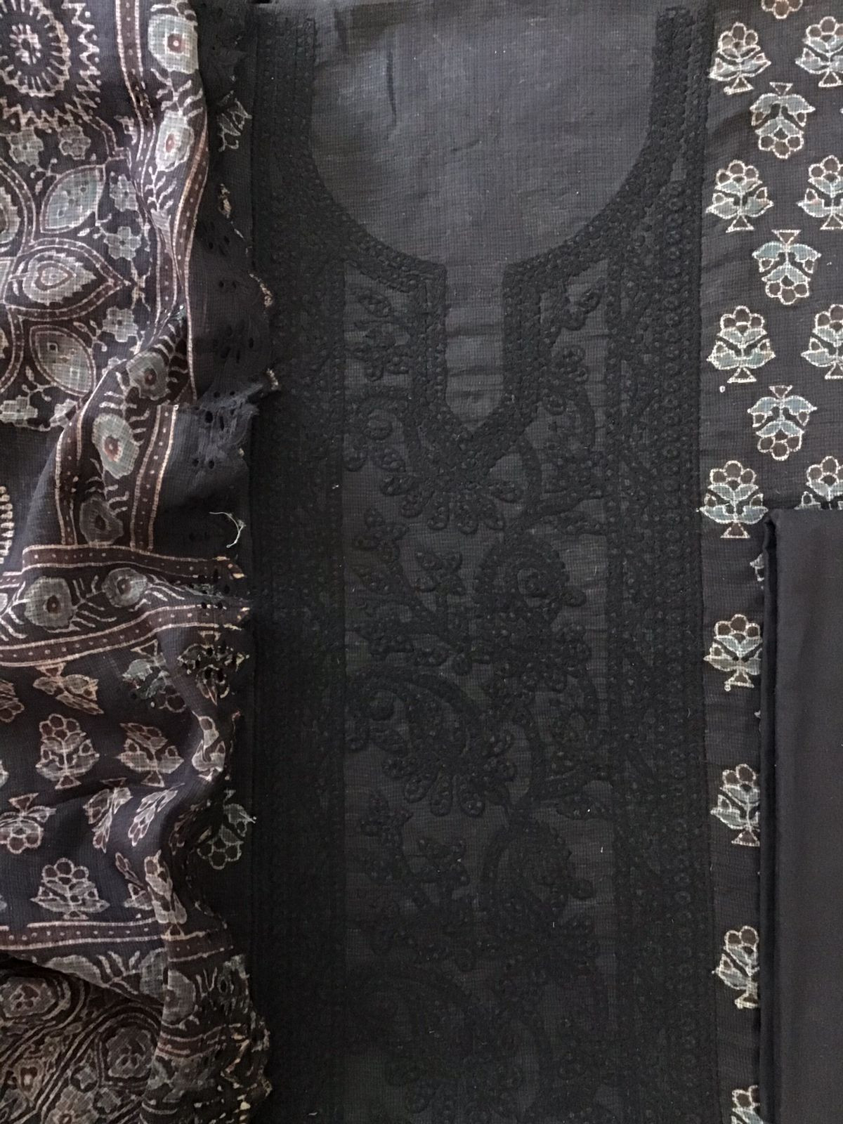 Pure Kota Cotton Ajrakh Printed Embroidered Suit - Black
