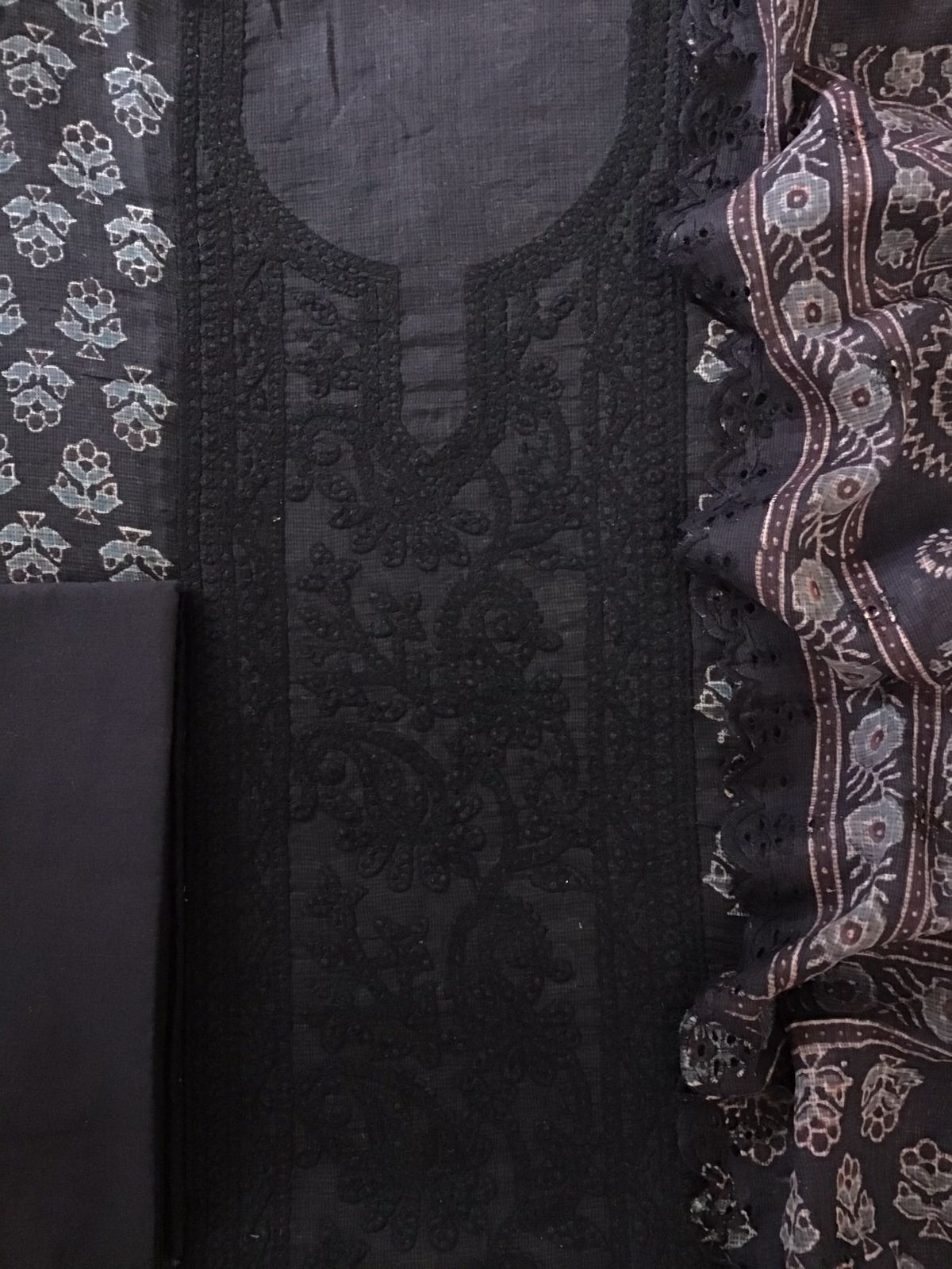Pure Kota Cotton Ajrakh Printed Embroidered Suit - Black
