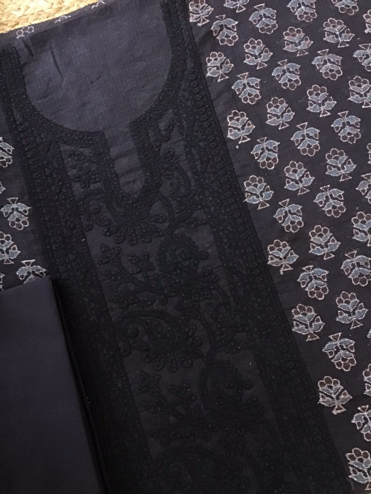 Pure Kota Cotton Ajrakh Printed Embroidered Suit - Black