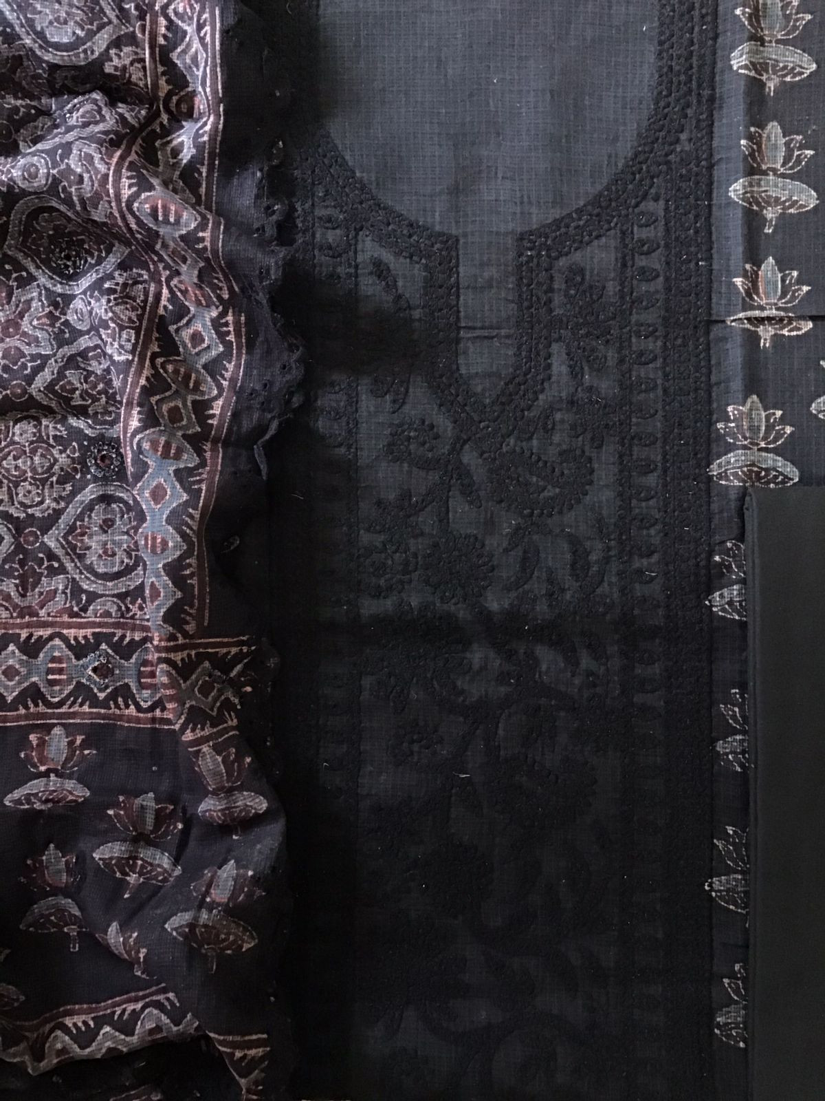Pure Kota Cotton Ajrakh Printed Embroidered Suit - Black