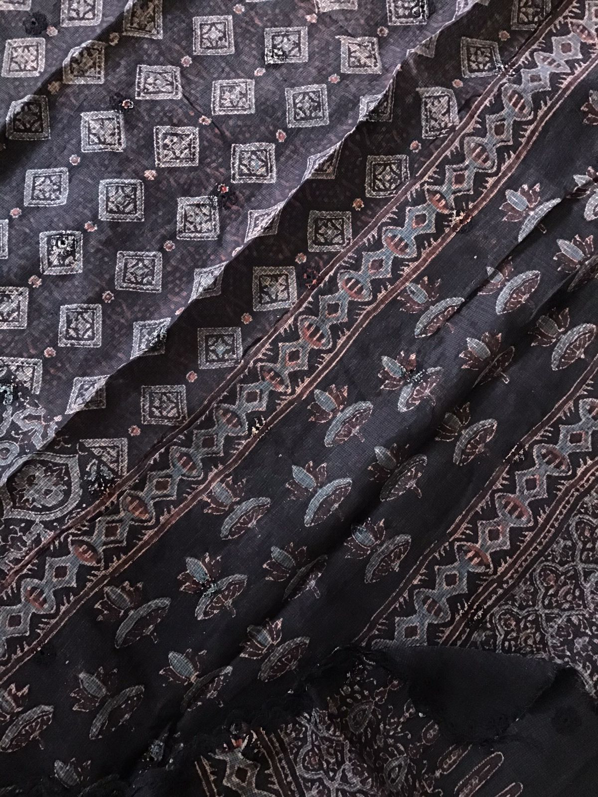 Pure Kota Cotton Ajrakh Printed Embroidered Suit - Black