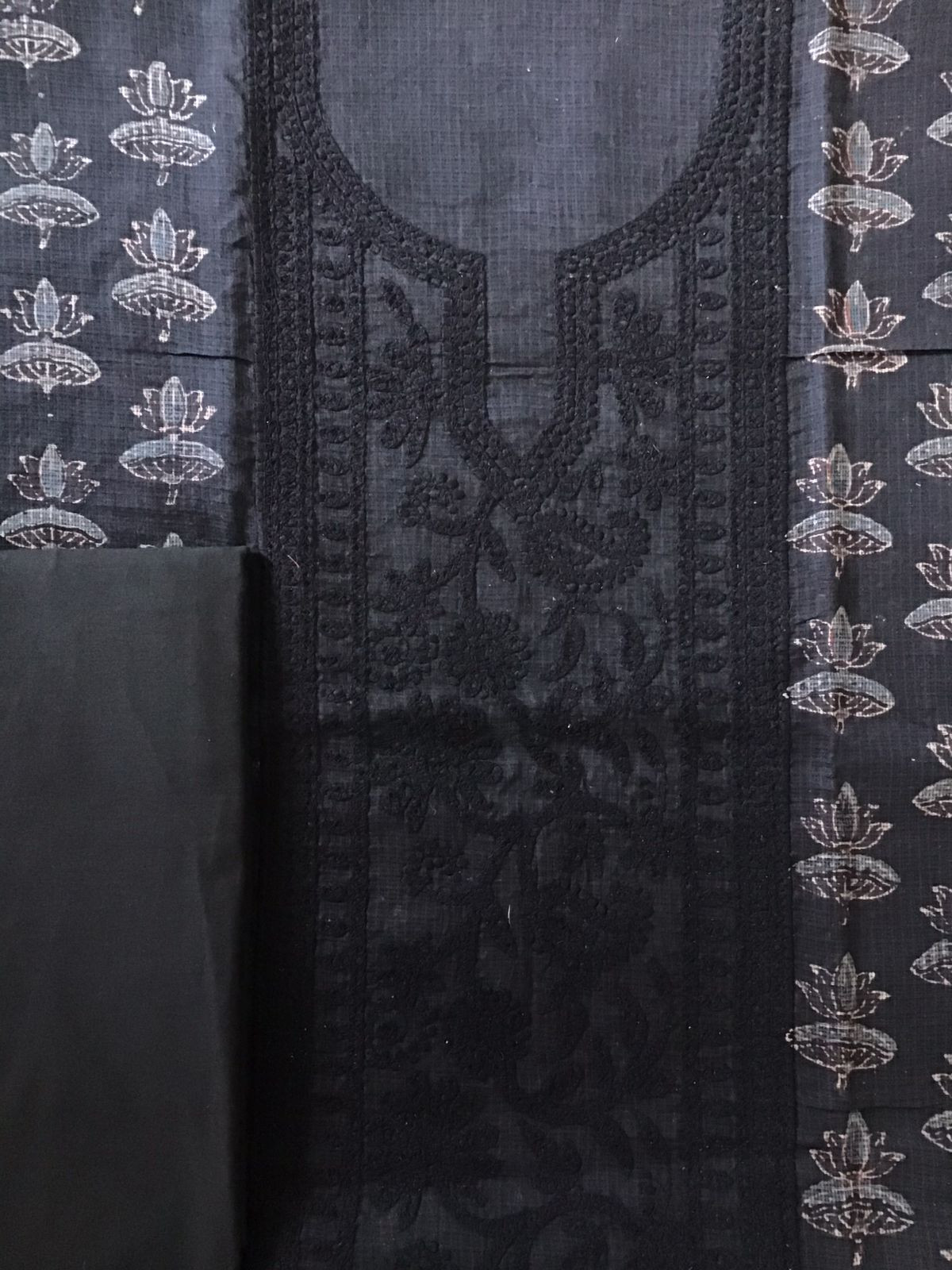 Pure Kota Cotton Ajrakh Printed Embroidered Suit - Black