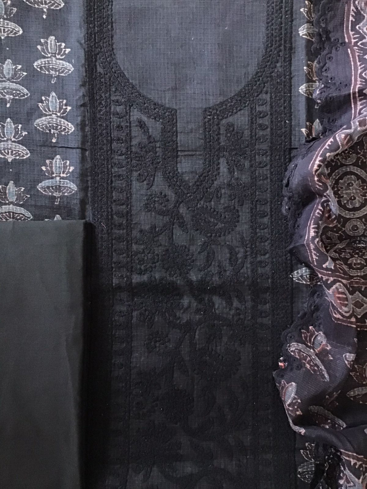 Pure Kota Cotton Ajrakh Printed Embroidered Suit - Black