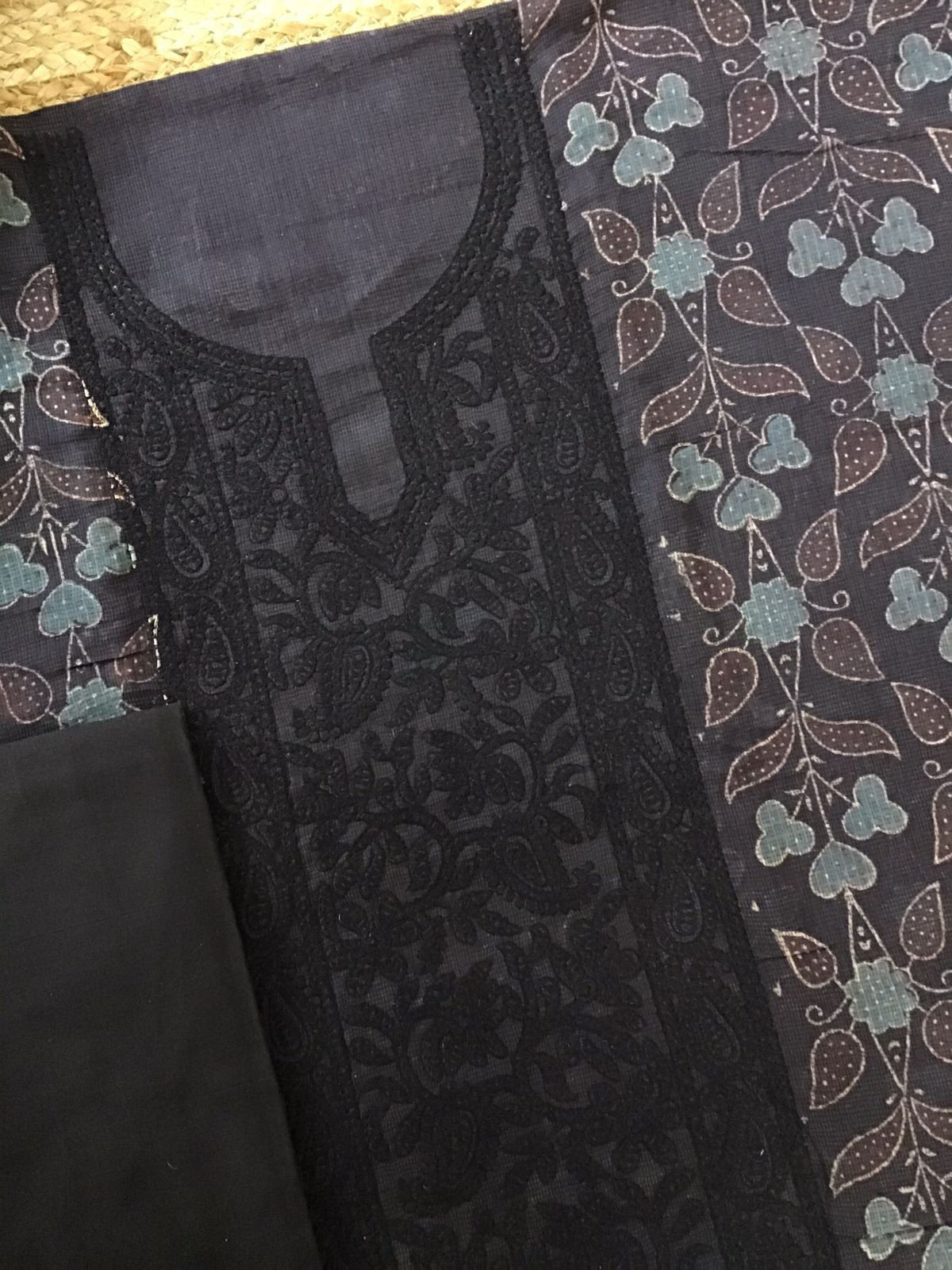 Pure Kota Cotton Ajrakh Printed Embroidered Suit - Black