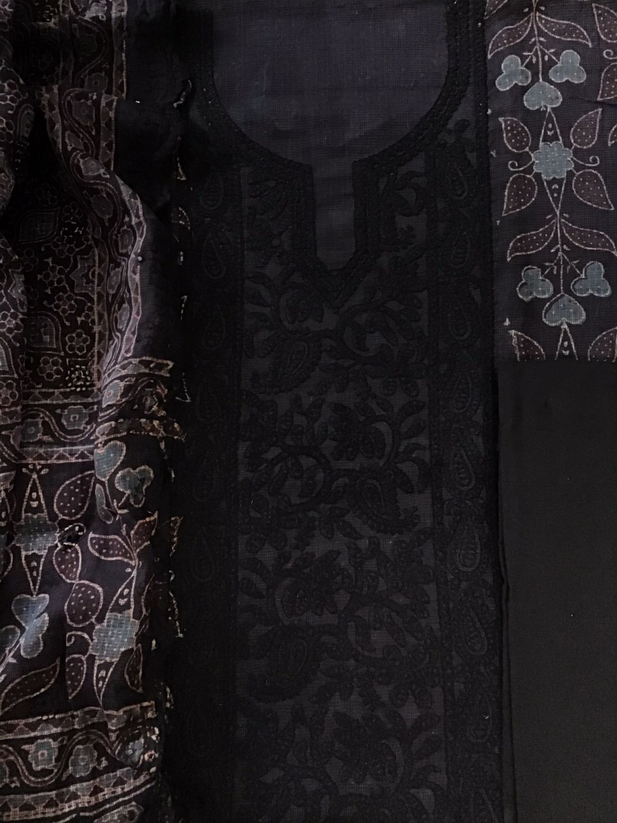 Pure Kota Cotton Ajrakh Printed Embroidered Suit - Black