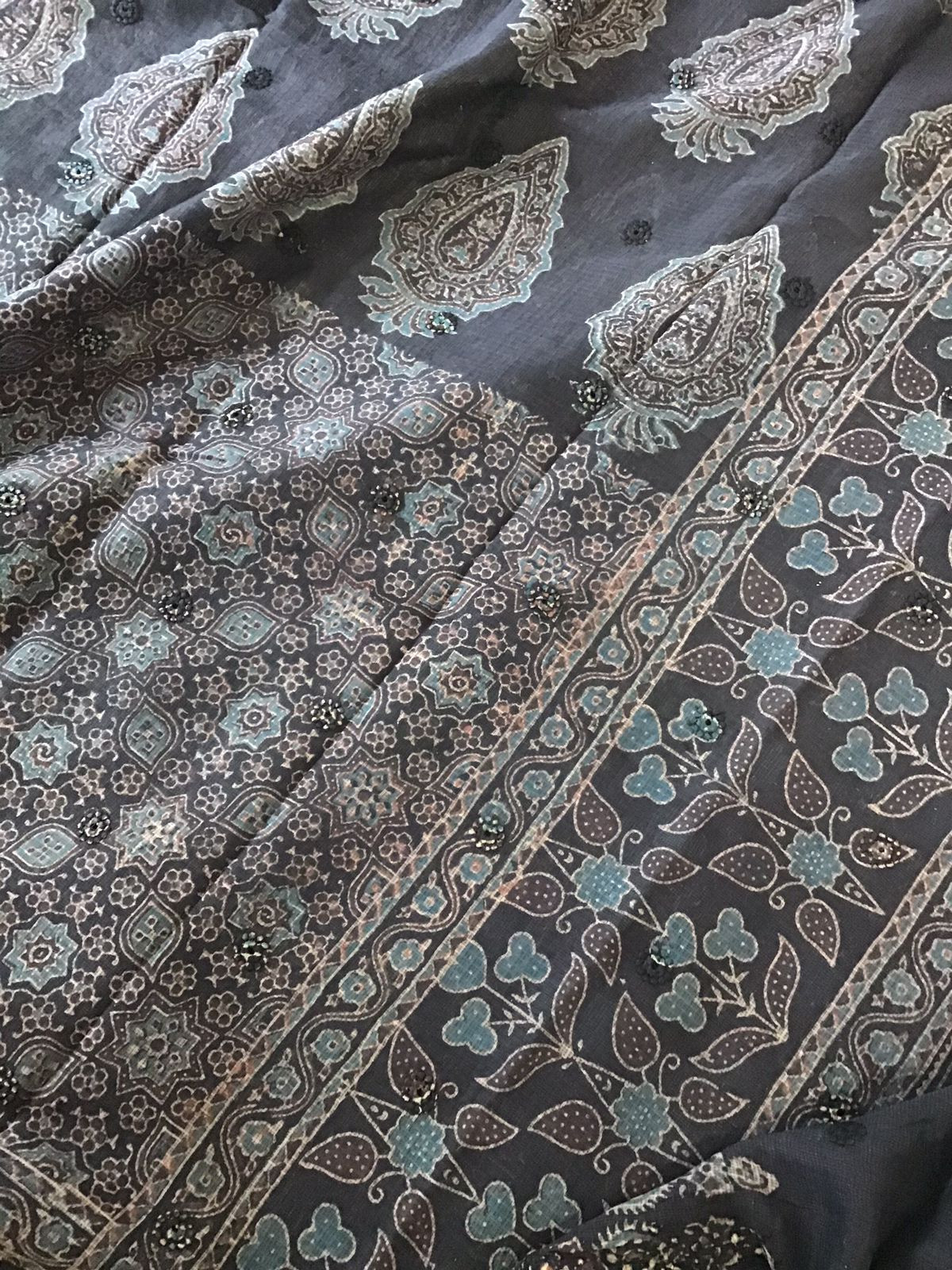 Pure Kota Cotton Ajrakh Printed Embroidered Suit - Black