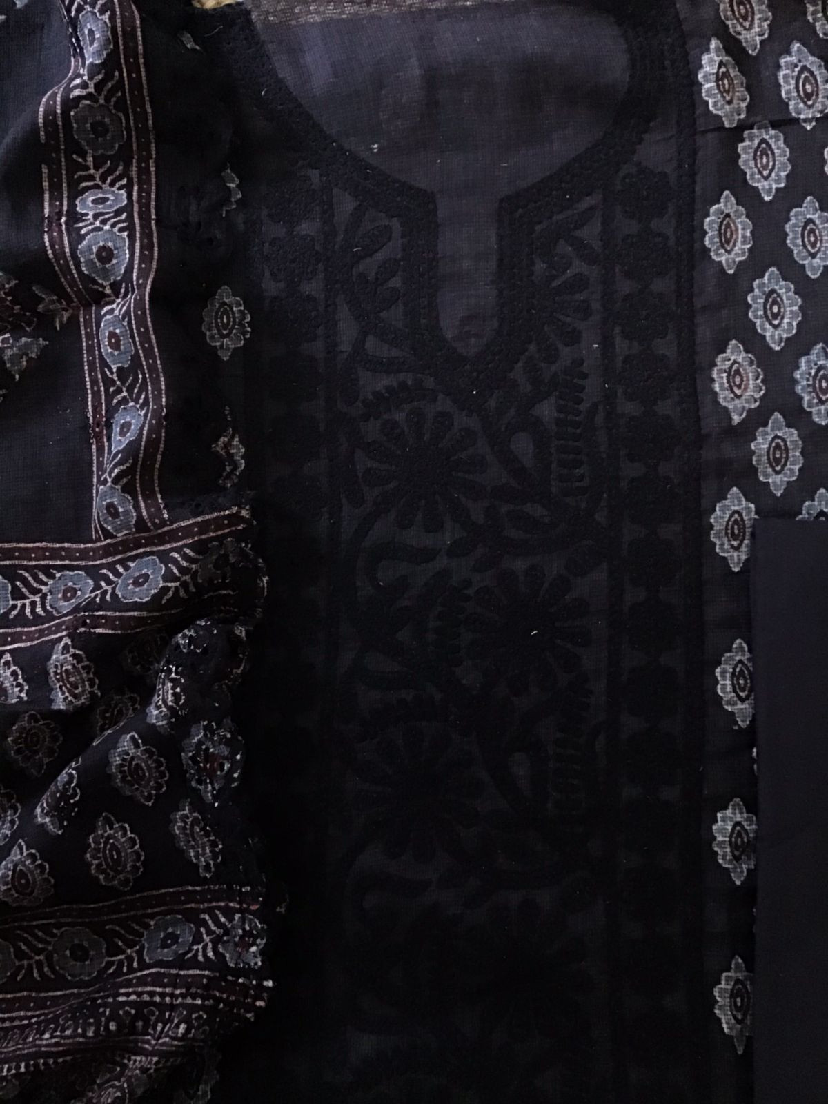 Pure Kota Cotton Ajrakh Printed Embroidered Suit - Black