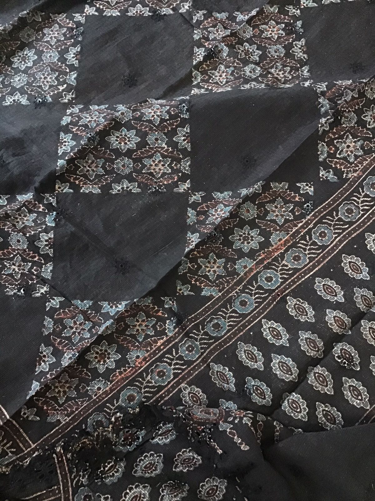 Pure Kota Cotton Ajrakh Printed Embroidered Suit - Black