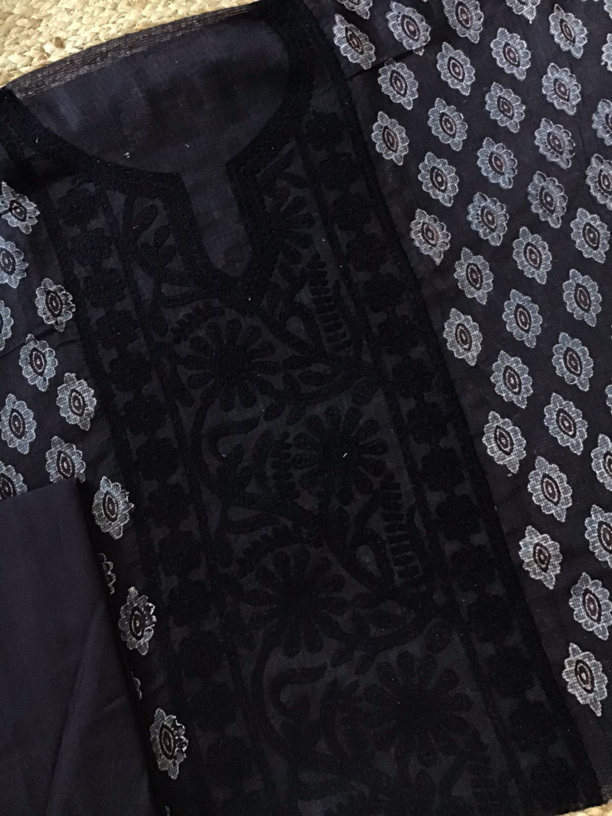 Pure Kota Cotton Ajrakh Printed Embroidered Suit - Black