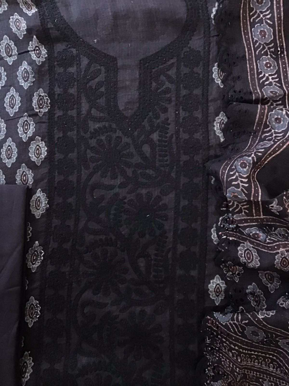 Pure Kota Cotton Ajrakh Printed Embroidered Suit - Black