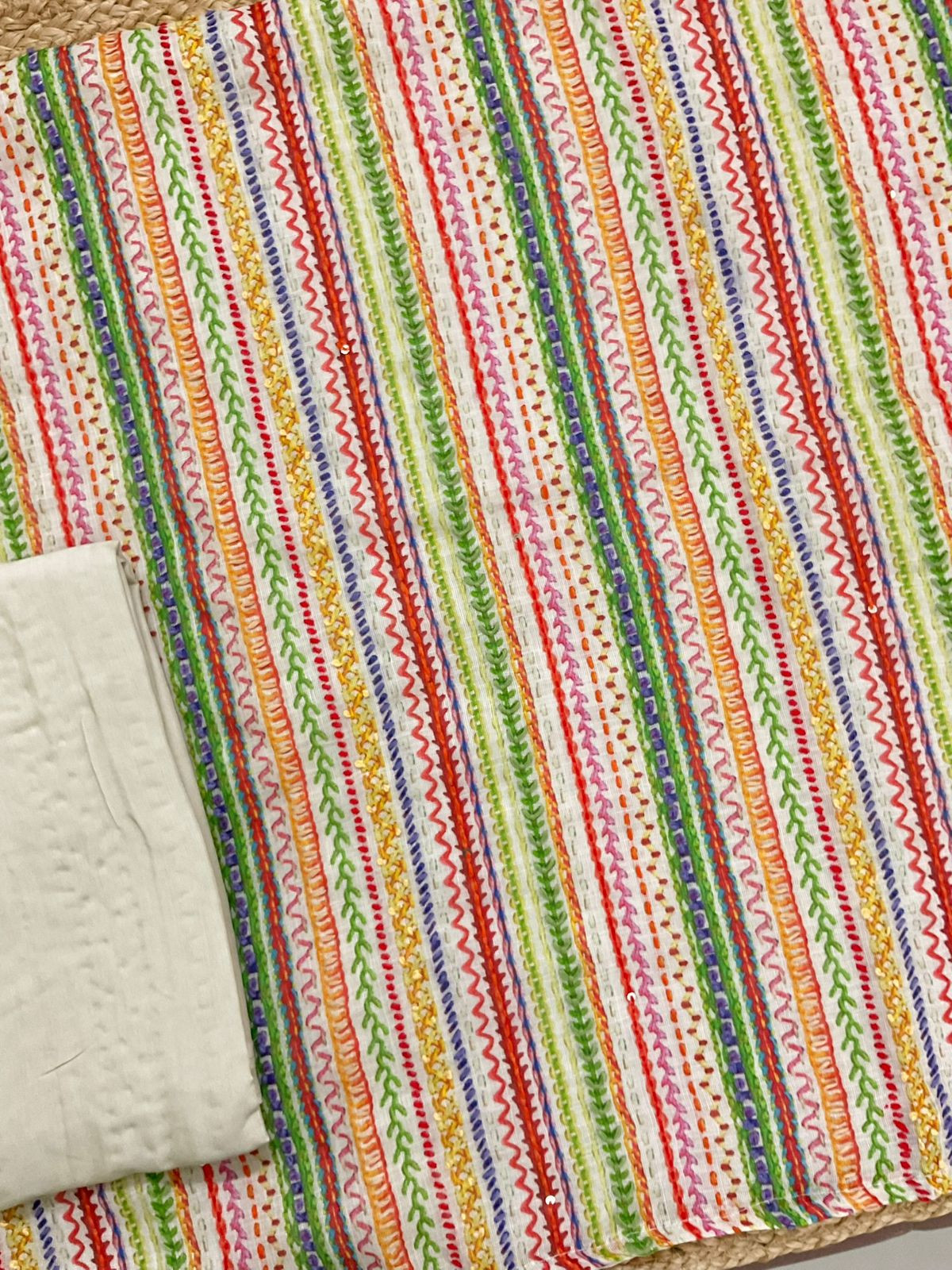 Soft Fine Linen Jute Cotton Printed Embroidered Suit - Beige