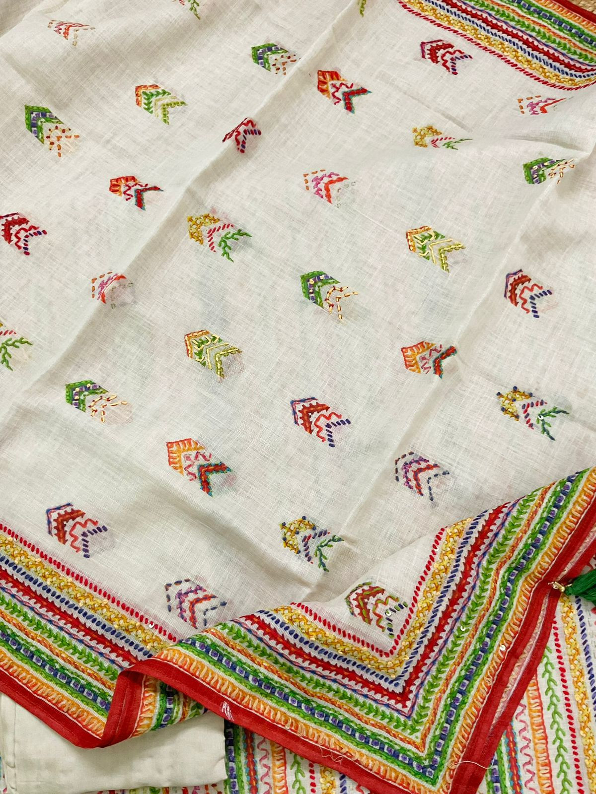 Soft Fine Linen Jute Cotton Printed Embroidered Suit - Beige