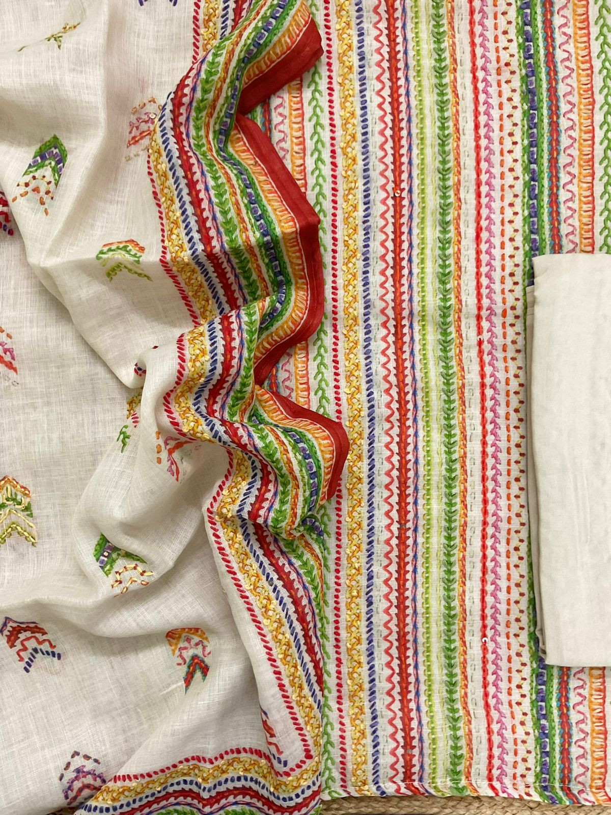 Soft Fine Linen Jute Cotton Printed Embroidered Suit - Beige
