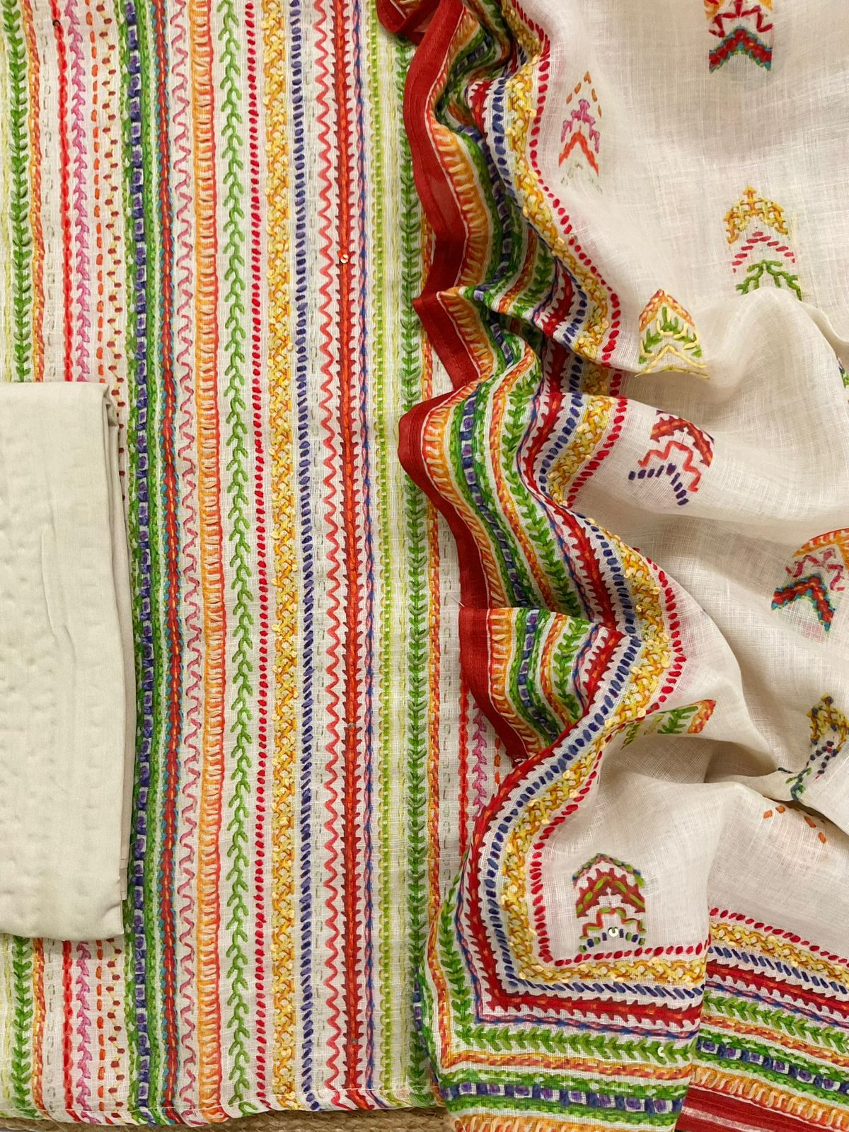 Soft Fine Linen Jute Cotton Printed Embroidered Suit - Beige