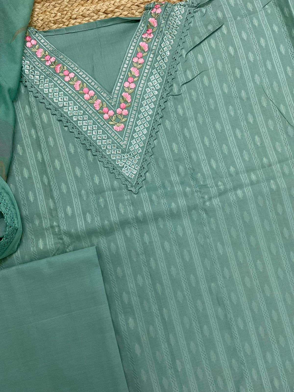 Pure Cotton Self Weaved Embroidered Suit - Green